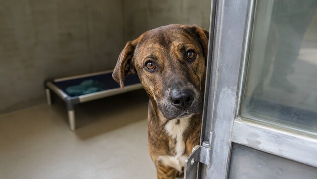 Brindle mixed-breed dog peeking from a shelter kennel door, looking up with expressive eyes beside a raised bed on a concrete floor