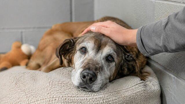 Senior mixed-breed dog with a gray muzzle resting on a soft bed while a human hand gently pets him in a shelter setting
