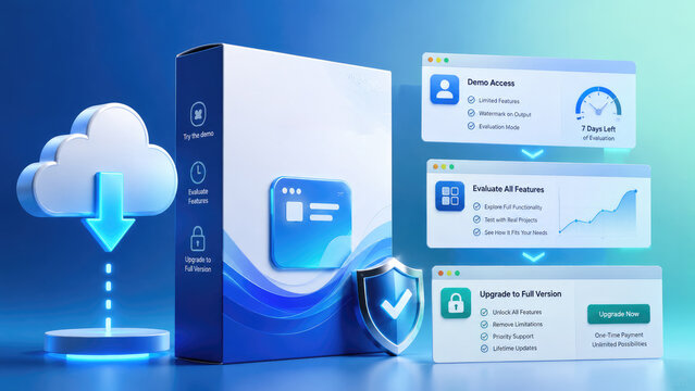 3D software box with cloud download icon, shield security badge, and UI panels showing demo access, feature evaluation, analytics chart and upgrade options