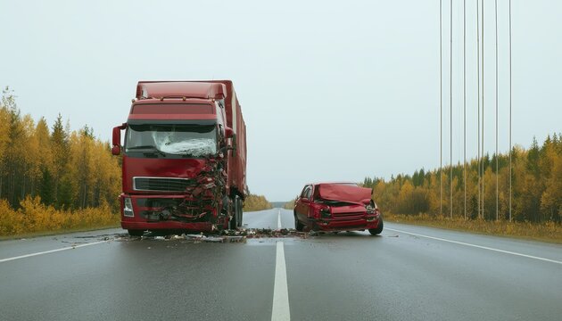 Red semi-truck and car collide on wet highway during heavy rainstorm in forest