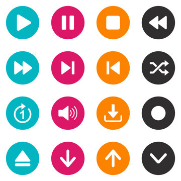 Set of media player and navigation buttons icons in flat style, colorful circular design elements for user interface, web and mobile applications