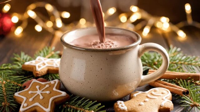 pouring hot chocolate into ceramic mug surrounded by gingerbread cookies, cinnamon sticks, pine branches, and bokeh lights