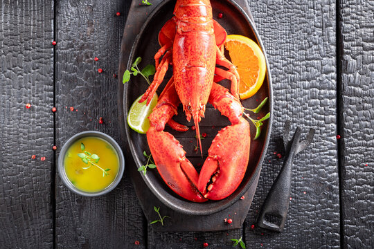 Cooked and tasty lobster as mediterranean seafood dinner.