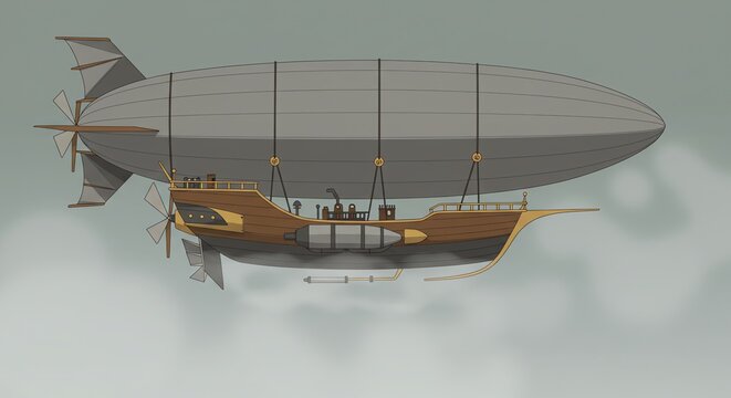 Steampunk airship with wooden hull and dirigible