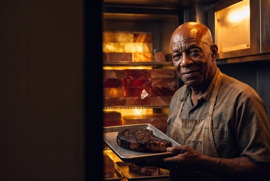 Chef presenting a grilled steak in warm kitchen light