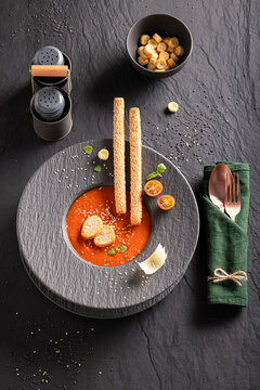 Elegant tomato soup as culinary artistry in top kitchen.