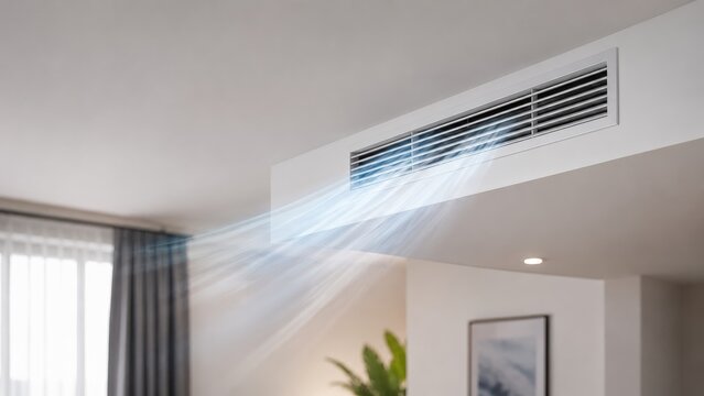 Ducted ceiling air conditioning vent blowing cool air into a modern living room interior