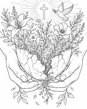 Christliches Ausmalbild mit zerbrochener Schale, Blumen, Kreuz und Friedenstaube