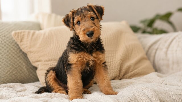 Adorable Airedale Terrier puppy sitting on a cozy neutral bed with textured blanket and pillows, tilting its head in soft natural indoor light