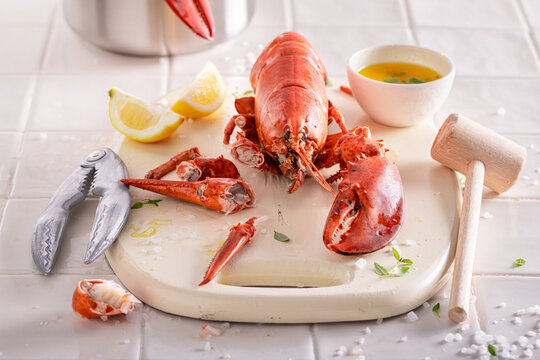 Cooked and tasty lobster served with citrus and butter.