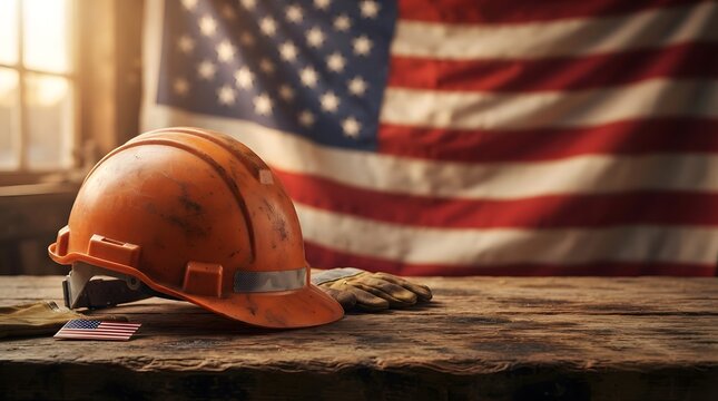 A weathered orange construction hard hat resting on a rustic wooden table with an american flag background for labor day