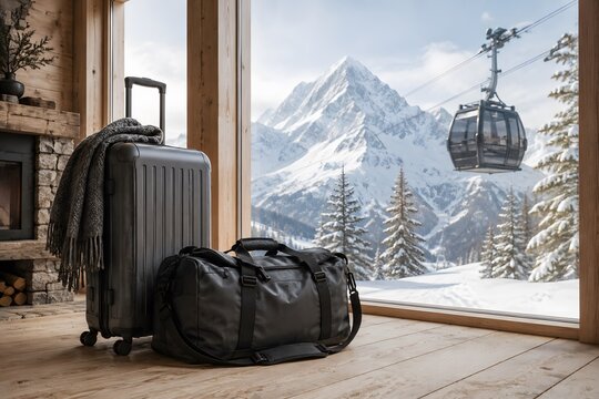 Winter ski resort travel scene with luggage and duffel bag inside luxury alpine chalet overlooking snowy mountain cable car
