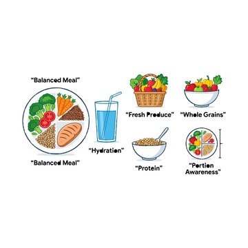 Healthy eating guidelines with balanced meals, hydration, fresh produce, and portion awareness.