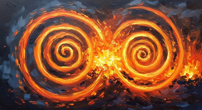 Two orange fire spirals on dark blue background