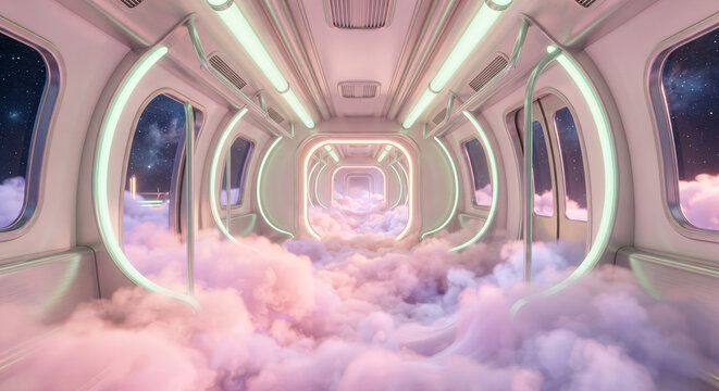 Futuristic train interior with neon lights and pink clouds inside fantasy transport concept