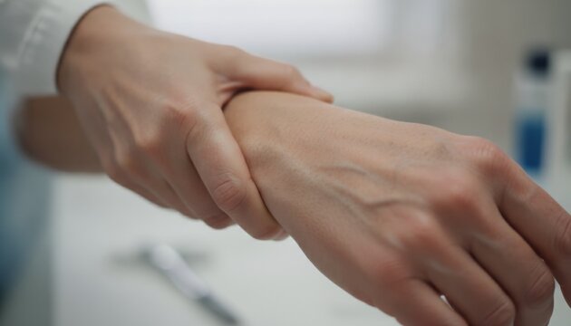 Close-up of Woman Holding Aching Wrist in Pain, Carpal Tunnel Syndrome and Joint Inflammation Concept, concept of physical pain and repetitive strain injury