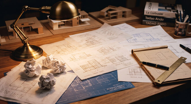 Architects wooden desk with house blueprints architectural models and vintage lamp in warm evening light
