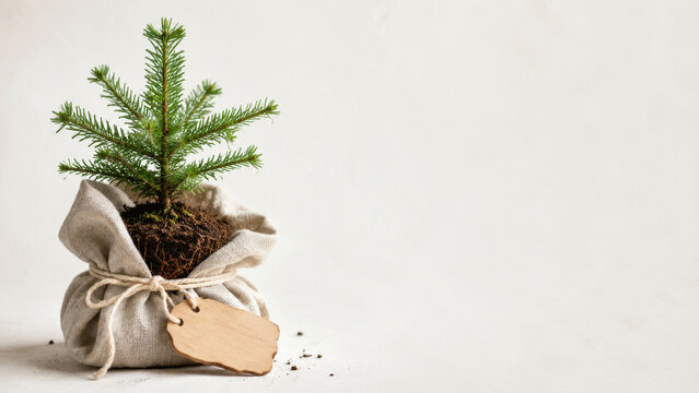 Small Live Christmas Tree Wrapped in Fabric with Blank Wooden Tag