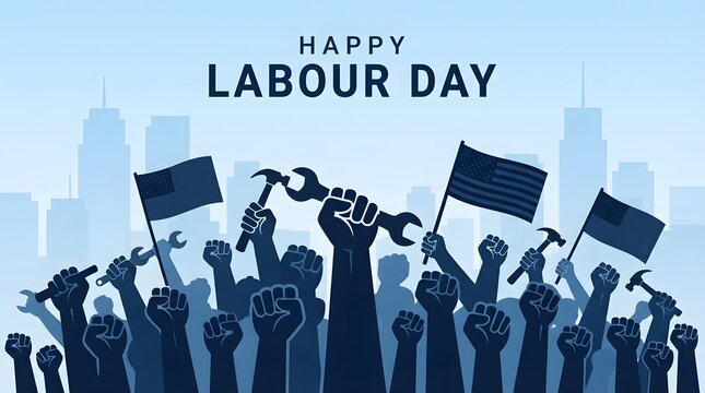 Happy labour day background with silhouettes of workers holding tools and flags in the city