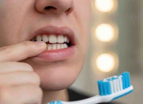 Close-up of a person checking their teeth and gums in the mirror while holding a toothbrush, concept of oral health and dental hygiene