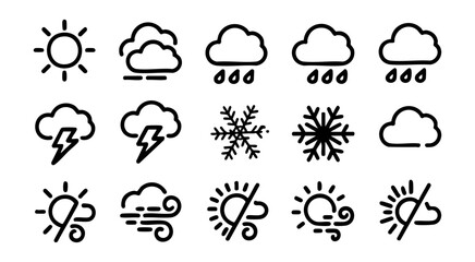 Obraz premium Black outline weather icons depicting sun cloud rain lightning and snowflake for seasonal forecast.