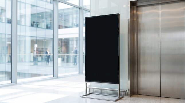 Blank digital display beside elevator in modern office lobby. Business signage mockup with copy space for advertising, information, navigation, and corporate communication.