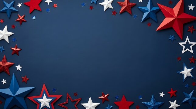 Festive labor day background featuring decorative red white and blue stars arranged as a border on blue surface