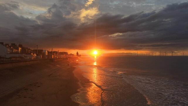 Dramatic sunset over Redcar Beach, East Yorkshire