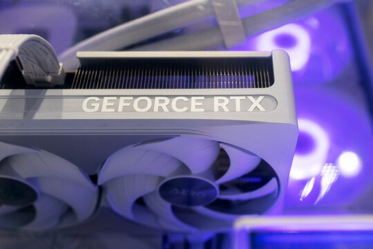 Nvidia Geforce RTX graphics card in a system unit. Close up system block for gaming computer. GeForce brand of graphics processing unit designed by Nvidia. Minsk, Belarus - June 10, 2026