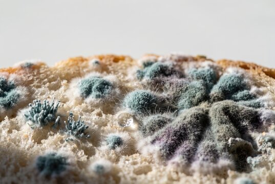 Moldy Bread With Fuzzy Penicillium Growth in Macro Detail