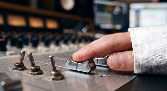 Sound engineer hand adjusting silver fader on professional mixing console during audio production session in studio.