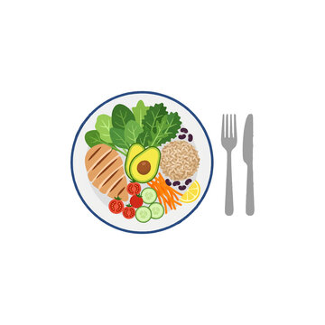 Healthy dinner plate top view with grilled chicken avocado vegetables and grains.