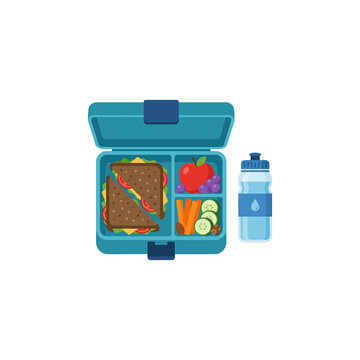 Blue lunch box packed with healthy sandwich fruit and vegetables with water bottle.