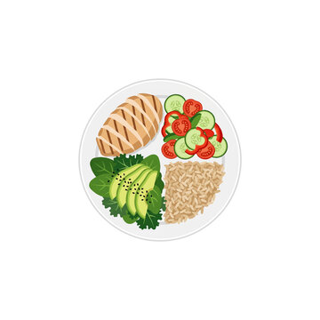 Grilled chicken and fresh vegetable salad served on divided plate with brown rice.