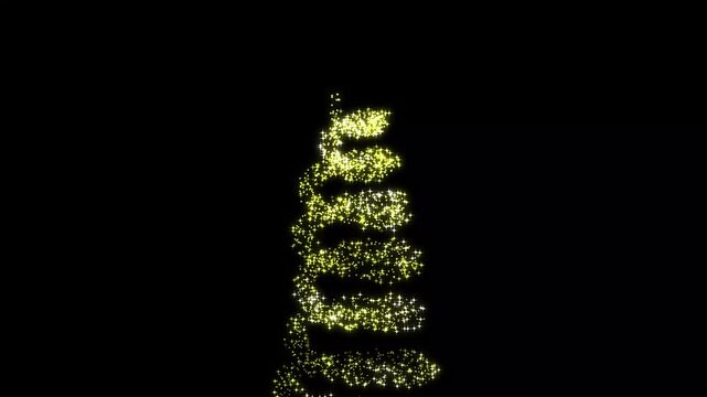 Christmas tree glitter made from luminous star particles and sparkling golden, elegant twirling glitter animation, festive scene opener, holiday overlay on black screen in 4k