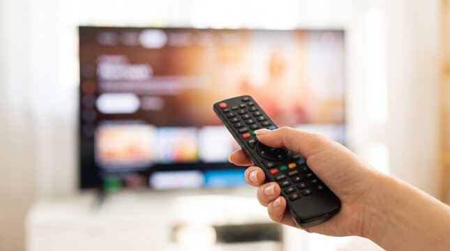 Hand holding remote control toward television screen with streaming content. Home entertainment, media selection, digital viewing and leisure concept with copy space.