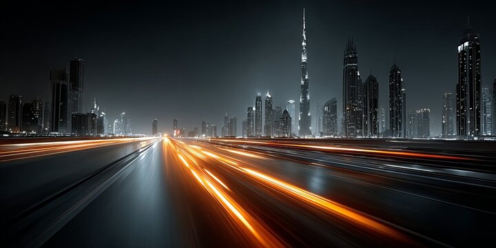 Dubai skyline at night with illuminated skyscrapers and dynamic highway light trails, representing speed, urban mobility