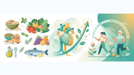 Fototapeta premium Healthy foods, a heart symbol, and people exercising to highlight the importance of nutrition and fitness for well-being.