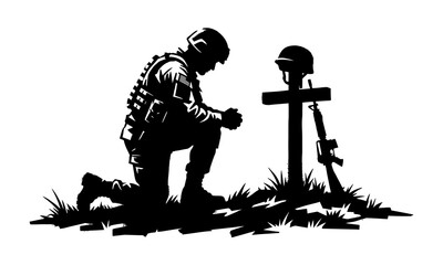 Obraz premium Soldier kneeling by cross