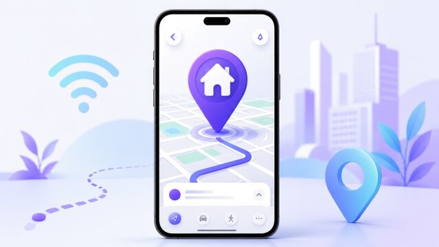 Smartphone displaying a navigation app with a home location pin, mapped route, and city skyline backdrop in a purple-blue 3D illustration