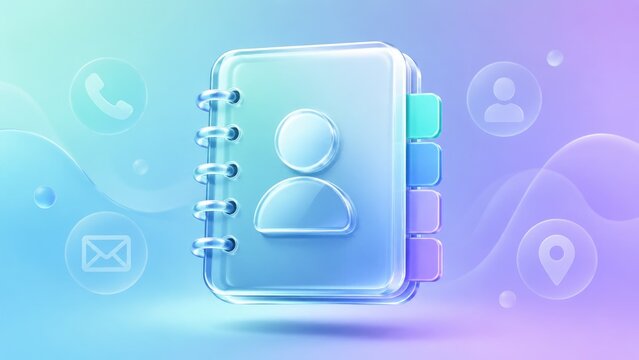Translucent 3D contact book icon with user profile, tabs and communication symbols on a pastel gradient background