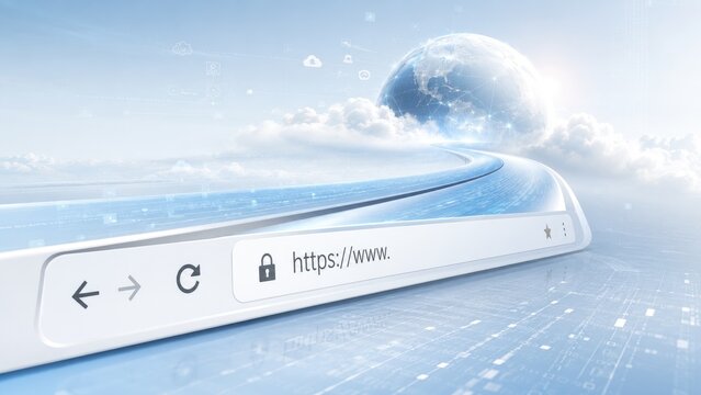 Browser address bar showing HTTPS and a padlock on a futuristic digital highway toward a glowing globe, symbolizing secure internet, cloud connectivity and global network
