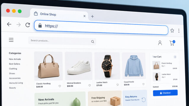 Minimal ecommerce website mockup showing product listings, cart summary, search and checkout in a desktop browser