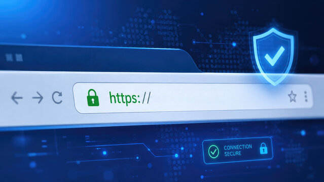 Browser address bar showing https:// with green padlock and shield check indicating a secure encrypted connection