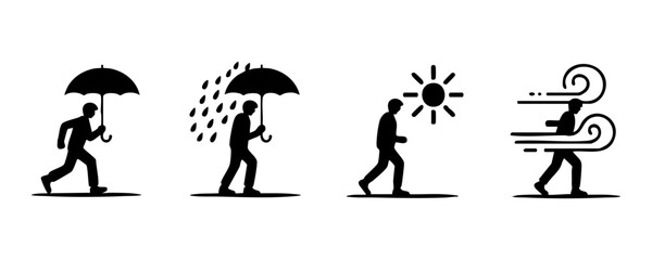 Fototapeta premium People black silhouette icons vector set showing human running holding umbrella, walking under rain, sun, wind.