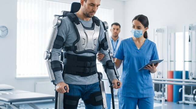 Man undergoing rehabilitation with robotic exoskeleton while female physical therapist monitors progress in modern clinic. Innovative healthcare technology and mobility recovery concept.
