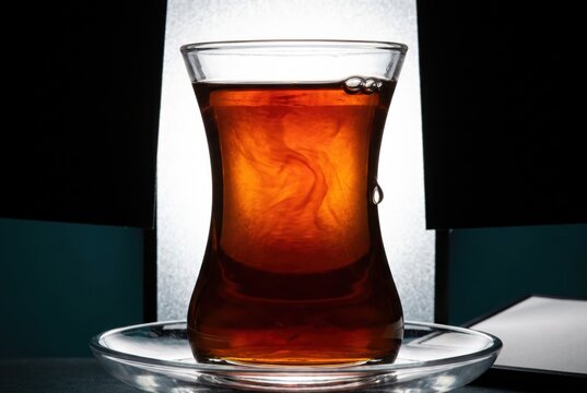 Backlit Tulip Tea Glass with Amber Infusion on Saucer