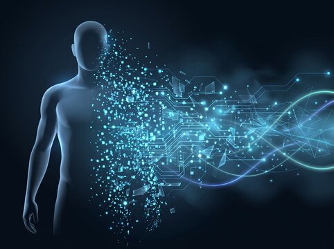 Human silhouette transforming into glowing digital neural network with futuristic data flow particles