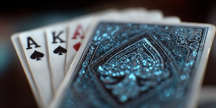 Poker hand with ace and king playing cards in macro closeup symbolizing gambling, casino, betting, strategy,