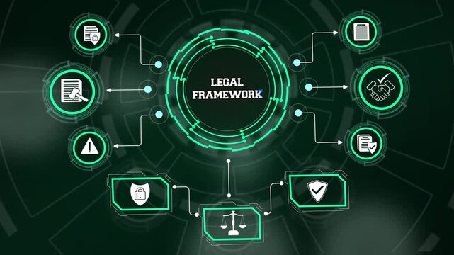 Visualizing corporate regulatory compliance structures on a neon high-tech Legal framework layout